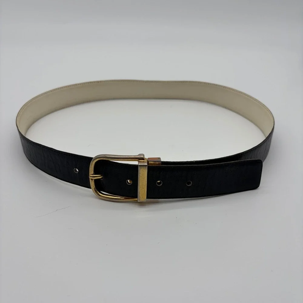 Vintage Black Reversible Leather Belt Solid Brass Buckle Taiwan ROC Gold Tone 32